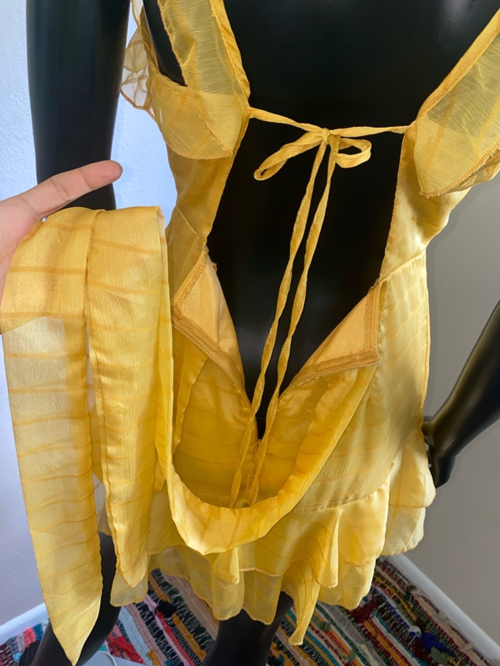 Yellow Ruffle V-Neck Women's Dress - Picture 11 of 13